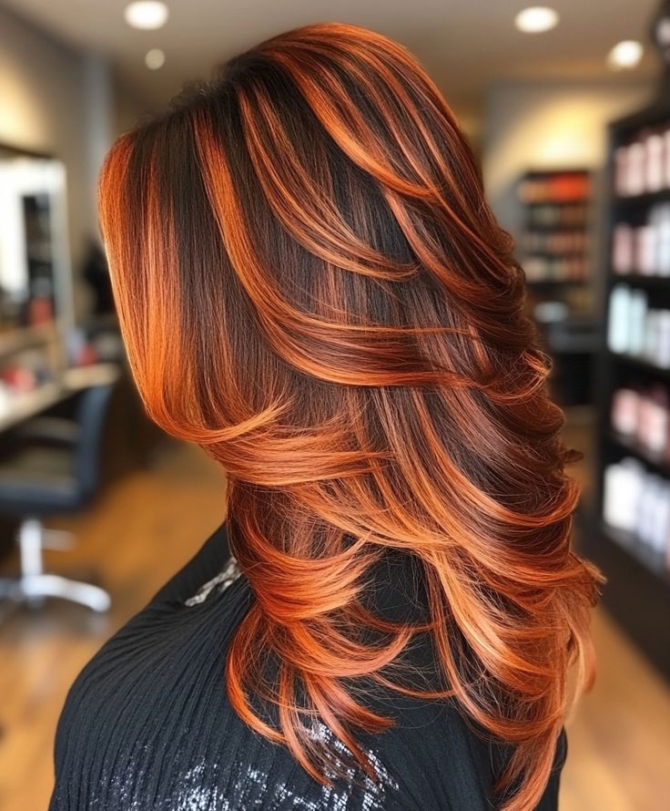 Copper Red Highlights on Dark Hair Shine Bright Two Toned Copper Hair, Orange And Red Hair Color, Red Hair Orange Highlights, Curly Fall Hair Color, Black Copper Hair, Copper Red Highlights, Dark Hair Fall, Red Hair For Fall, Red Highlights On Dark Hair