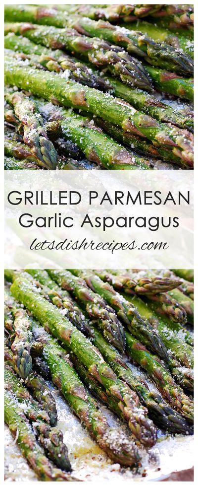 grilled parmesan garlic asparagus on a white plate with text overlay