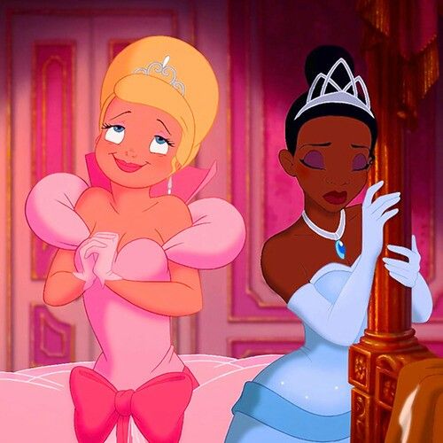 the princess and the frog are standing next to each other in front of a mirror