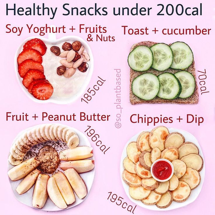 healthy snacks under 200 calories on a pink background