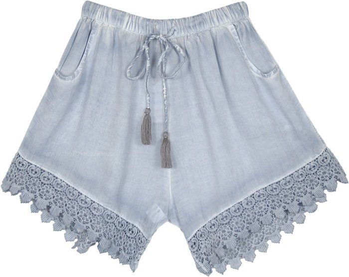 A pair lightweight rayon cloud grey sheer beach shorts that feature a beautiful crochet lace at the bottom to enhance the bohemian look and cute drawstring tassels in a complementing color.  These pair of shorts have pockets on both sides and have a streaky sophistication about them with the texture and fall. #tlb #Pocket #Yoga #vacationclothing #beachwrap #bohemianfashion #BohemianShorts #SummerShorts #BeachShorts #Crochethemshorts Bohemian Bottoms With Crochet Trim For Beach Season, Bohemian Shorts For Beach Season, Summer Festival Bottoms With Tassels, Summer Festival Bottoms With Crochet Trim, Bohemian Style Shorts With Crochet Trim For Summer, Bohemian Shorts With Crochet Trim For Vacation, Bohemian Bottoms With Crochet Trim For Summer, Bohemian Summer Bottoms With Crochet Trim, Bohemian Vacation Bottoms With Crochet Trim