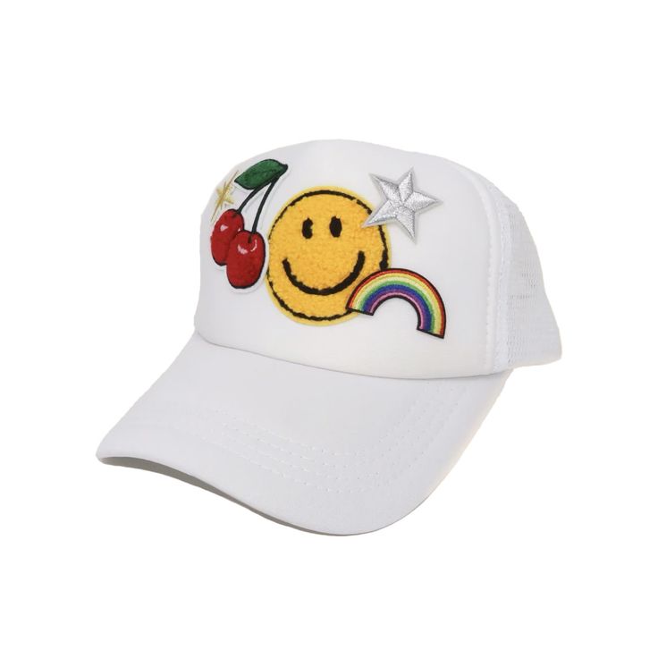 Express yourself with this fun trucker hat! Choose your base hat color and two main patches to design a personalized cap with around 5 patches in total. Trucker Snapback Hat With Patches And Curved Bill, Fun Baseball Cap With Embroidered Logo, Fun Embroidered Logo Baseball Cap, Fun Cap With Embroidered Logo, Summer Cotton Trucker Hat With Logo Patch, Trendy Baseball Cap With Patches And Curved Brim, Fun Embroidered Logo Cap, White Summer Hats With Logo Patch, Fun Hats With Embroidered Logo One Size