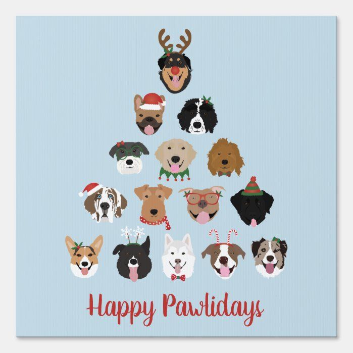 a christmas tree made up of dogs wearing hats and sweaters with the words happy pawday written on it