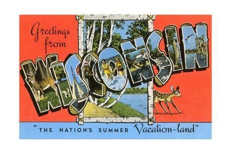 an old postcard with the word wisconsin written in large letters and pictures of people on it