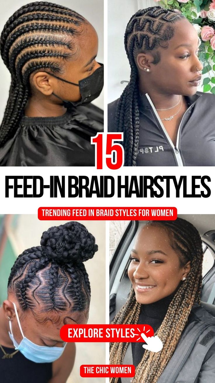 Best Feed-in Braid Styles for Women’s Hair Braids Braided To The Back, Big Cornrow Hairstyles Goddess Braids, Feed In Cornrows With Box Braids, 6-8 Feedin Braids, Red Cornrows Braids, 10 Feed In Braids Hairstyles, Medium Feed In Braids Ponytail, Hair Braiding Styles Black Women, Large Braids For Black Women