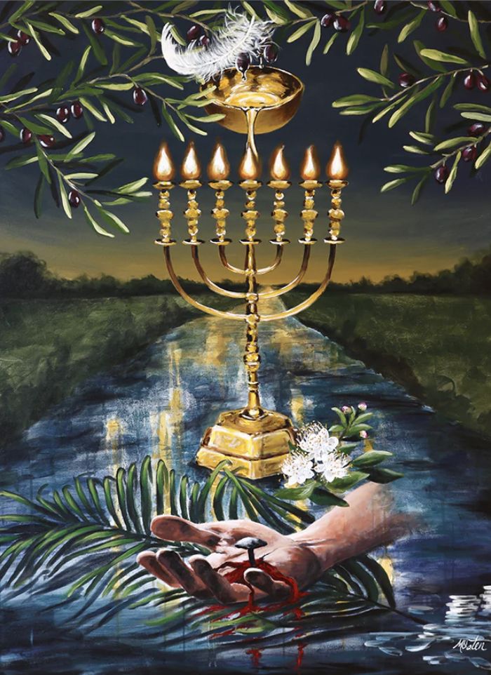 a painting of a chandelier hanging from a tree over a body of water