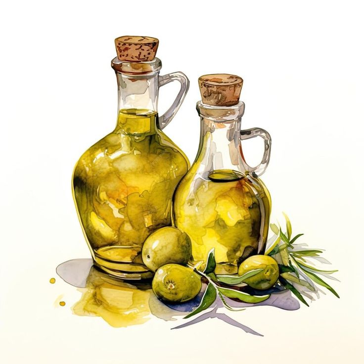 two olives and an olive oil bottle on a white background with watercolor painting effect