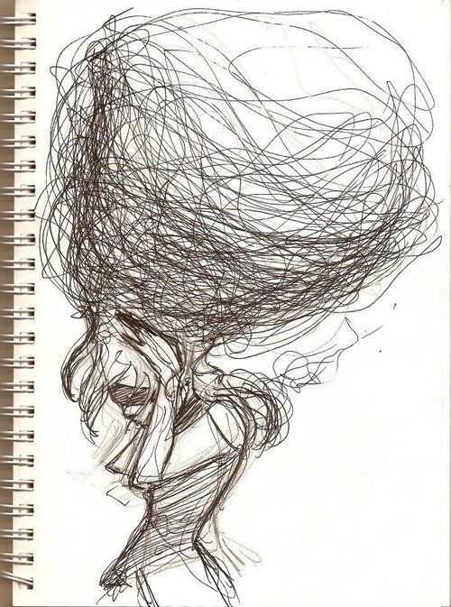 a drawing of a woman with her hair blowing in the wind on top of her head