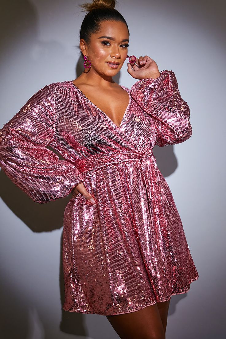 Pink Sequin Balloon Sleeve Mini Dress | In The Style USA Balloon Sleeve Sequin Dress, 80s Disco Party Outfit, Pink Rhinestone Dress, Shimmery Dresses, Birthday Outfit Plus Size, Neon Cowgirl, Pink Glitter Dress, Disco Party Outfit, Disco Outfits