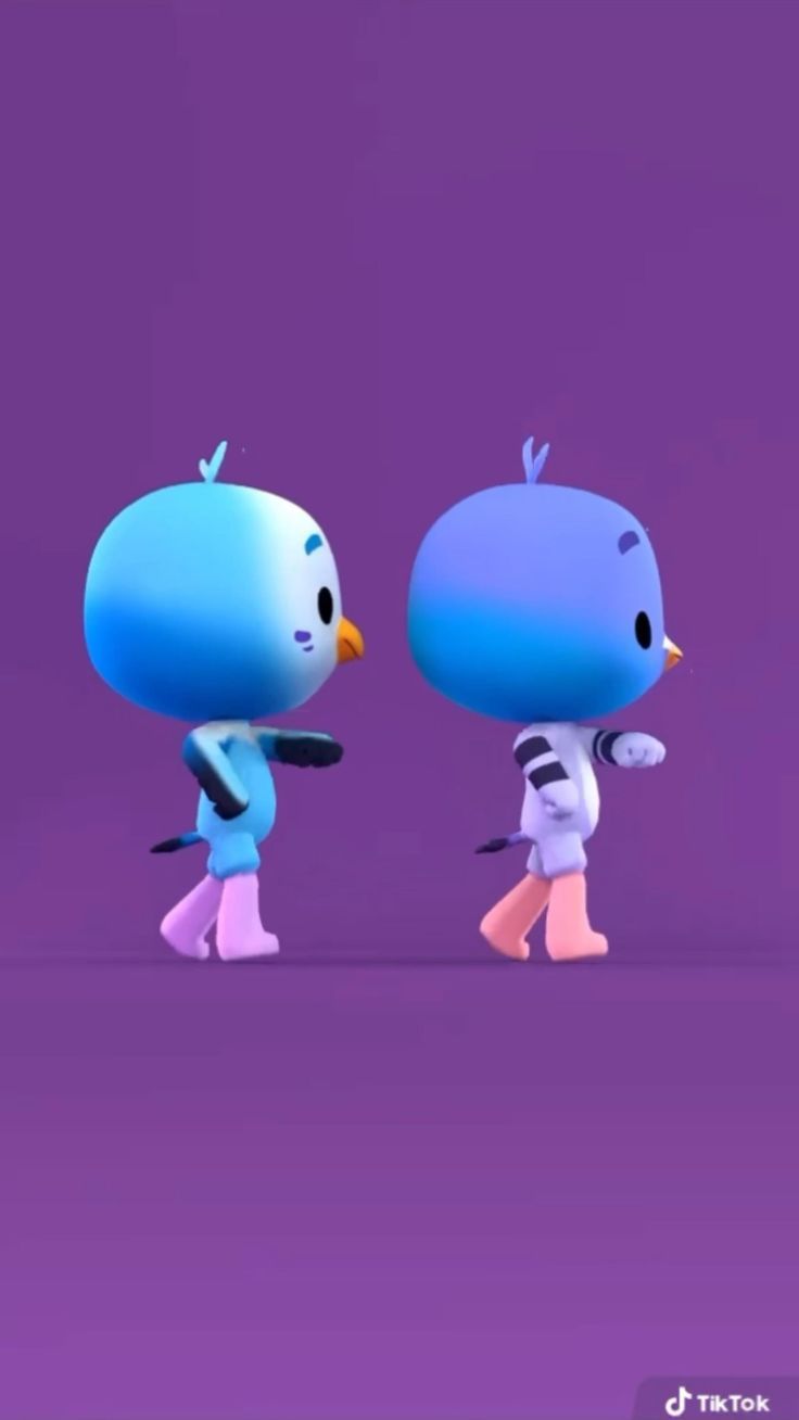 two cartoon birds walking next to each other in front of a purple background with an orange and blue bird on it's head