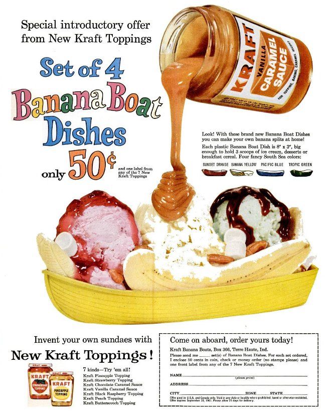 an ad for banana boat dishes with peanut butter and ice cream on it's side