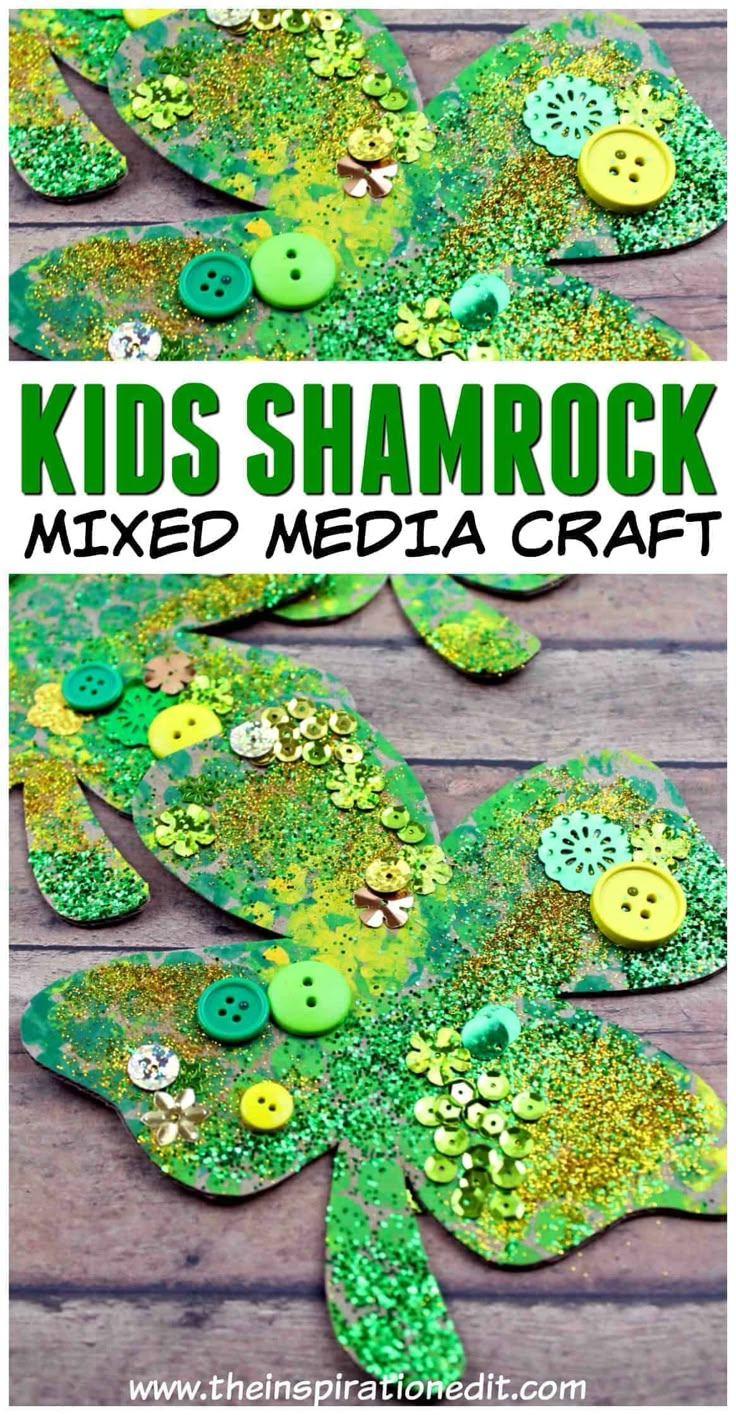 kids's shamrock mixed media craft with buttons and glitters on the leaves for st patrick's day