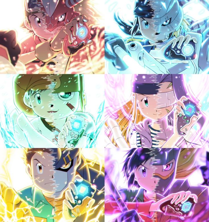 four anime characters with different facial expressions and hair colors, all looking at something in their hands