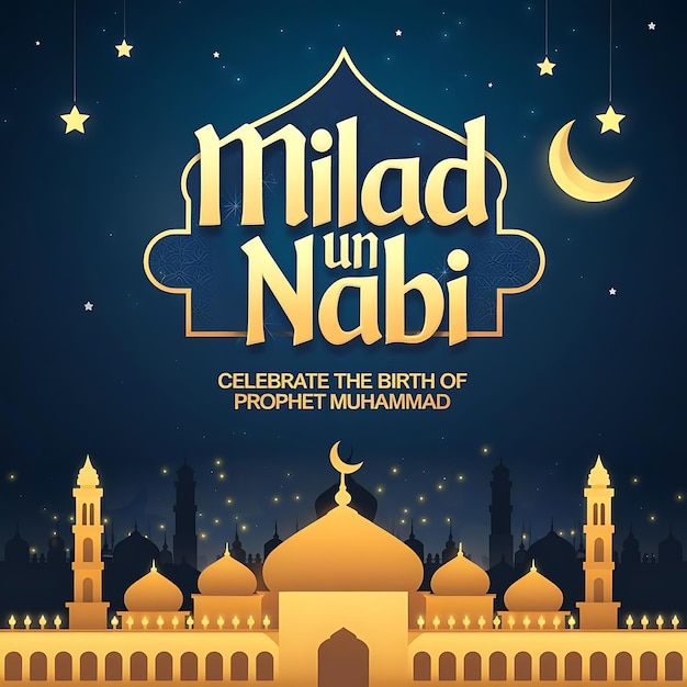 a poster for the celebration of eid ul nabi with mosques and stars