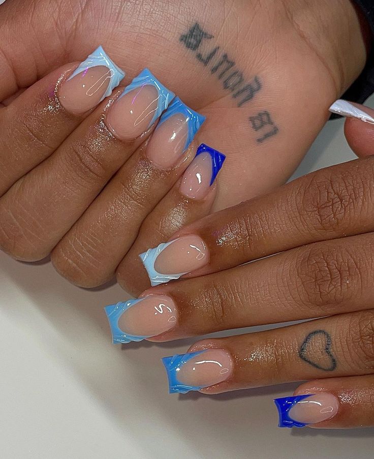 French Tip Blue Nails Short, Blue Nails Short Coffin, Blue French Short Nails, Short French Tip Acrylic Nails Blue, Fall Blue Nail Designs, Blue Heart Nail Designs, Blue Short Nails Design, Short Nails Acrylic Blue, Shorties Nails French Tip