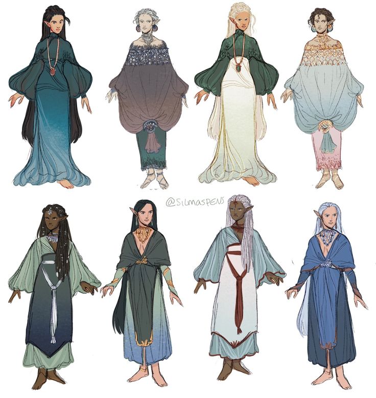 six different types of women dressed in medieval clothing