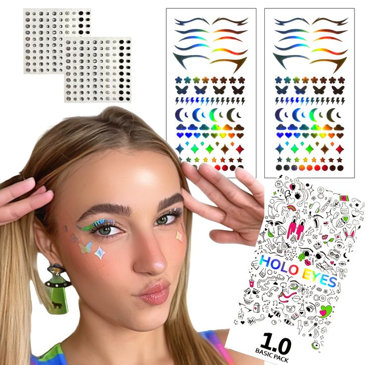 PRICES MAY VARY. Brand: Holo eyes Number of pieces: 100 Brand: HOLO EYES Number of pieces: 100 Elevate & illuminate your festival glam with HOLO EYES - your new go-to eye luxe brand. HOLO EYES are holographic eye makeup stickers that are a hybrid between festival face gems & graphic eyeliner art. QUANTITIES INCLUDED: unique HOLO EYES holographic eye makeup sticker designs & sheet of 100 individual face gems that vary in size. Two of each are included in the pack so that you can practice your mak Holographic Eye Makeup, Eyeliner Art, Festival Face Gems, Holographic Paper, Makeup Stickers, Festival Face, Graphic Eyeliner, Face Gems, Summer Pool Party