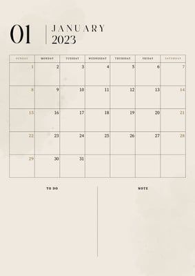 a wall calendar with the date of january in black and white, on a beige background