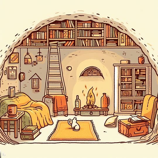 a drawing of a living room with bookshelves and furniture in the corner,