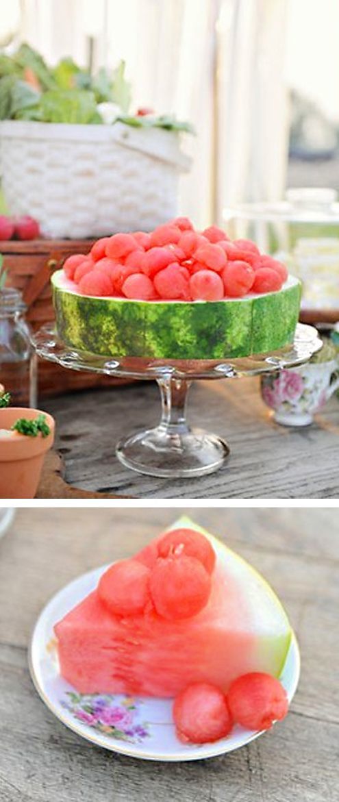 watermelon in a bowl on a table with other pictures and words below it