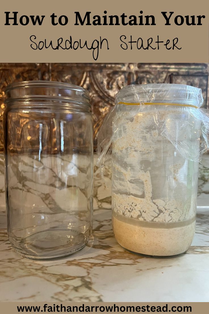 two mason jars sitting on top of a counter with text overlay that reads how to maintain your sourdough starter