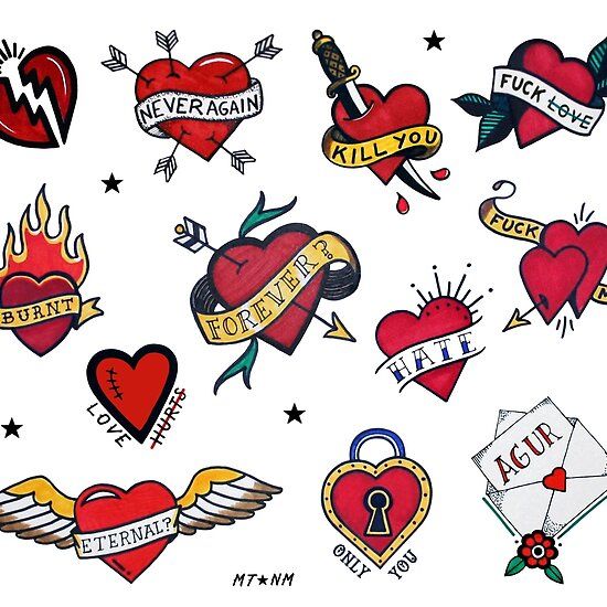 many different heart tattoos are shown on the white background, including one with an arrow and two