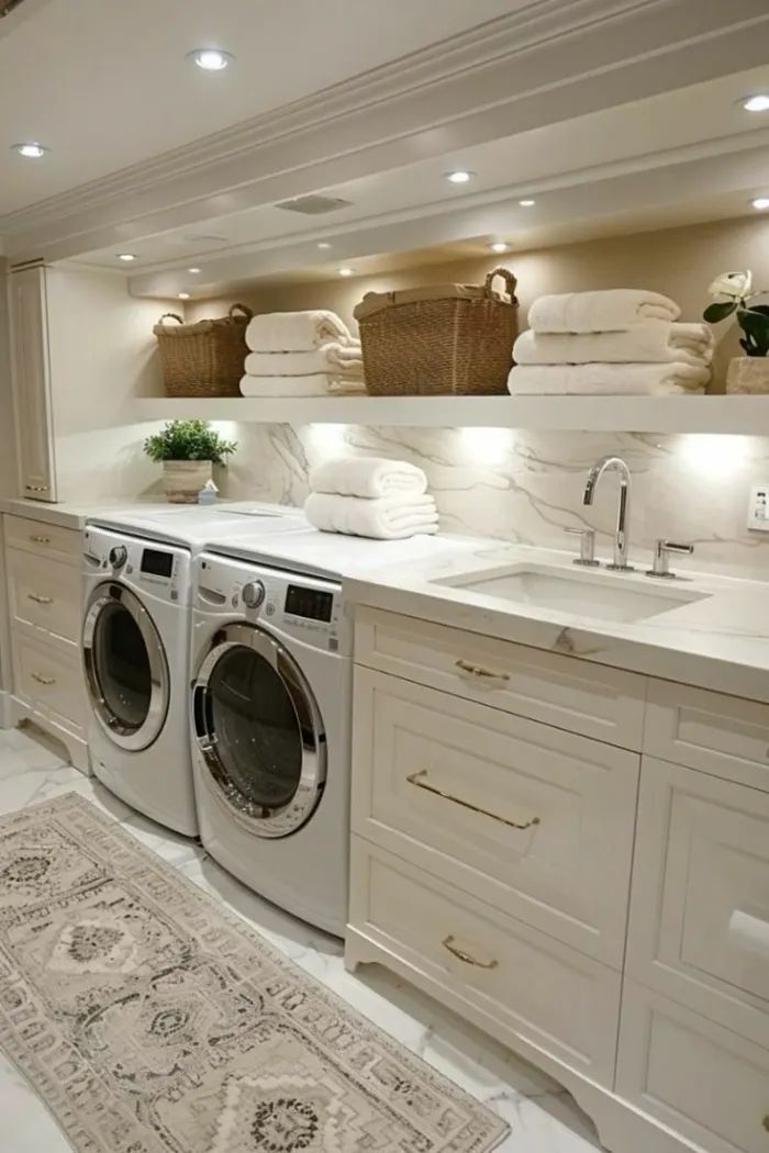 a washer and dryer in a very large room