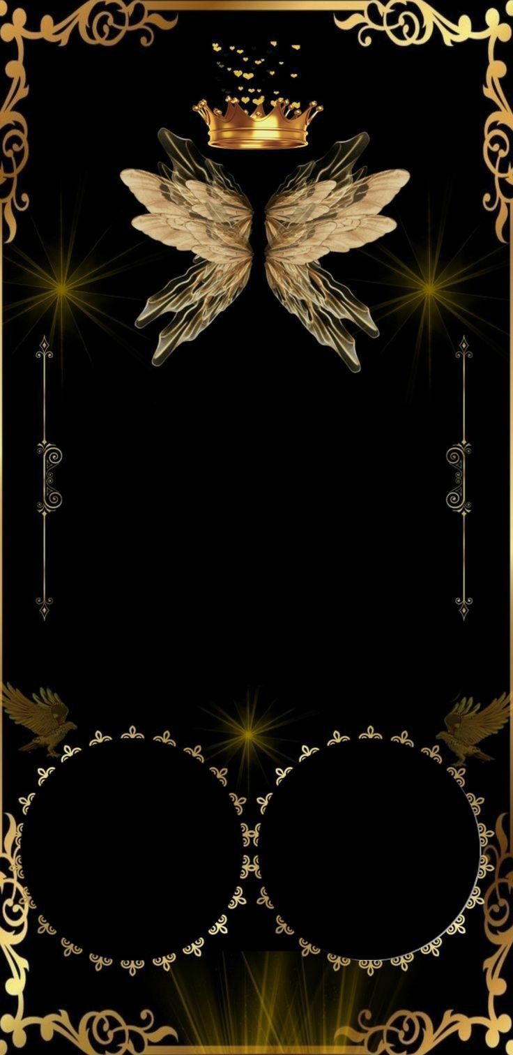 a golden frame with angel wings and a crown on top