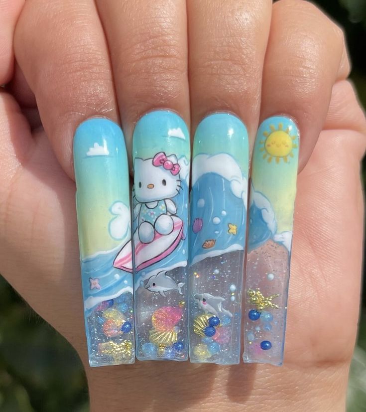 Nails With Characters, Surf Nails, Weird Nail Ideas, Hello Kitty Acrylics, Nails With Pictures, Ariel Nails, Cartoon Nails, Sculpted Nails, Cute Nail Art Designs