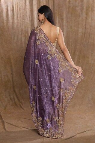 Purple saree with floral, beads and sequins hand embroidery. Comes with a running blouse. - Aza Fashions Traditional Embellished Raw Silk Saree, Embellished Tissue Silk Saree, Navratri Embellished Embroidered Saree Fabric, Embellished Embroidered Saree For Navratri, Embellished Embroidered Saree Fabric For Diwali, Festive Embellished Raw Silk Saree, Traditional Embellished Pre-draped Saree For Eid, Festive Embellished Tissue Silk Saree, Embellished Saree Dupatta For Navratri