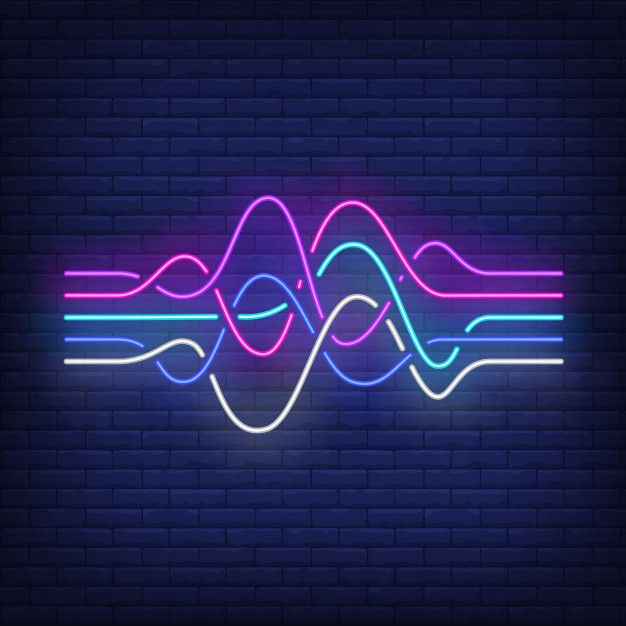 a neon sign with music waves on a brick wall