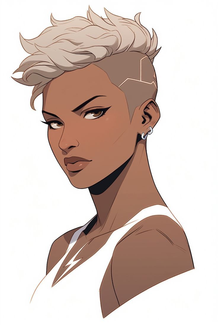 a drawing of a woman with short hair and piercings on her ears, looking to the side