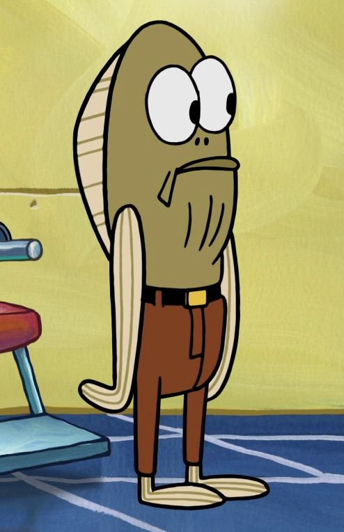 a cartoon character standing in front of a chair