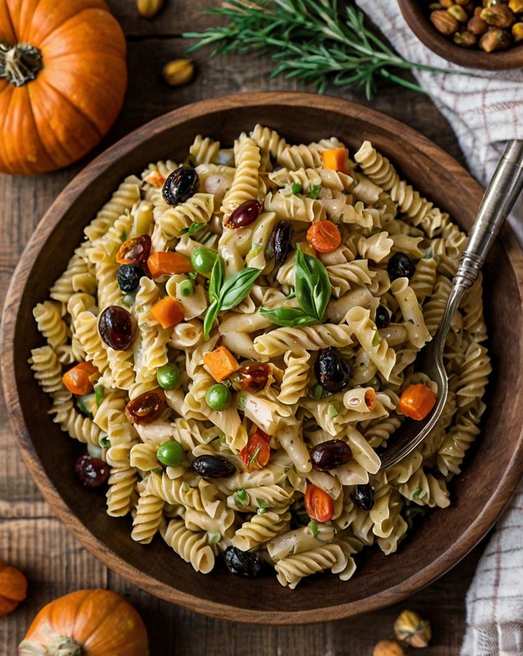 a wooden bowl filled with pasta salad next to pumpkins and other autumn foods on a table