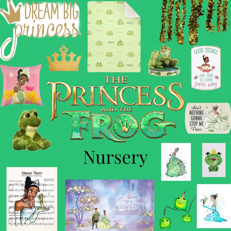 the princess and the frog nursery book cover with images of children's toys, books, and other items