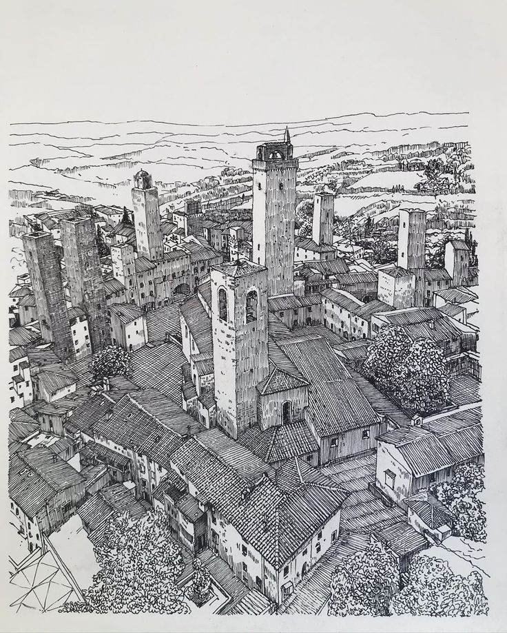 an ink drawing of a cityscape with buildings and rooftops in the foreground