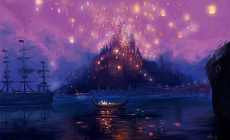 a painting of a castle with lots of lights in the sky and boats on the water