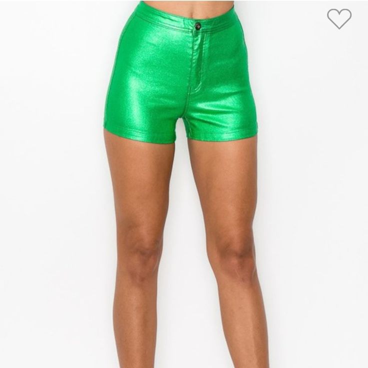 High Waist Skinny Fit Shorts Hits At Mid Thigh . This Iconic Aa Style Shorts Gives You Figure Hugging Fit. It Is Made With Stretch Material Meant To Shape Your Body And Make Figure Slim Through Hips And Thighs. Its Metallic Shiny Finish Gives You A Wet Look, Team It Up With A Crop Top And Kicks For A Chilled Off-Duty Look Zipper Fly With Button Closure. Two Hip Pockets And Two Front Side Pockets. Trendy Bottoms With Built-in Shorts, High Rise Pants With Built-in Shorts And Fitted Stretch, High Rise Pants With Built-in Shorts, High Rise Pants For Summer Night Out, High Rise Pants For Night Out In Summer, Trendy Yellow Stretch Shorts, Summer High-waisted Pants For Night Out, Trendy Mid-rise Shorts For Night Out, Casual High Waist Party Bottoms