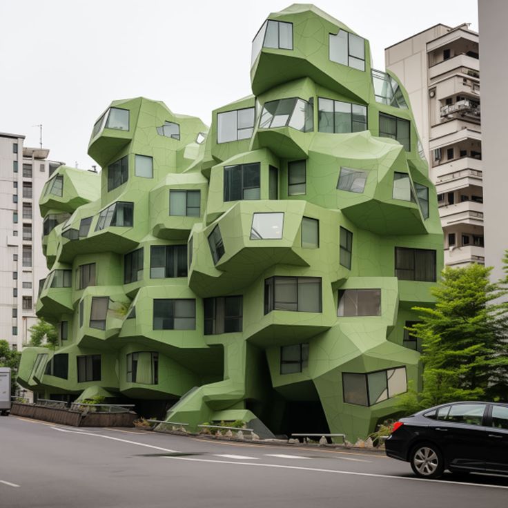 an unusual building in the middle of a street with cars parked on the side of it