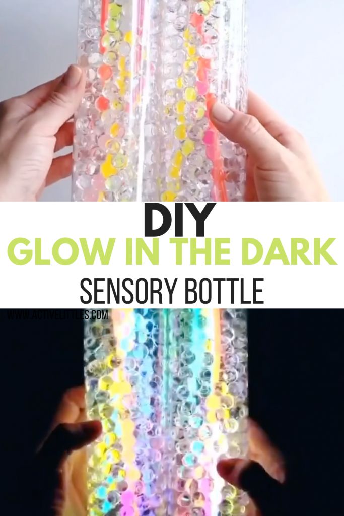 someone is holding up a glass bottle filled with colorful beads and text that reads, diy glow in the dark sensory bottle