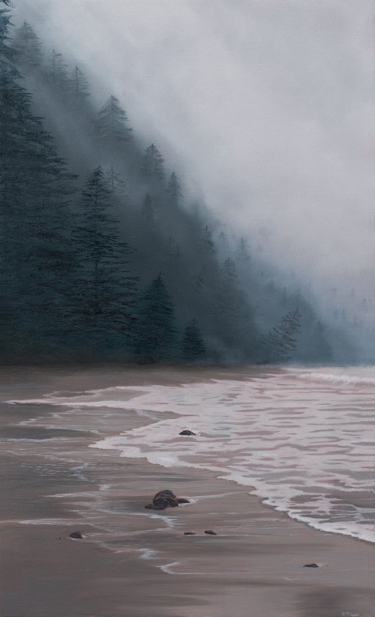 an oil painting of trees and water on a cloudy day at the beach with waves coming in