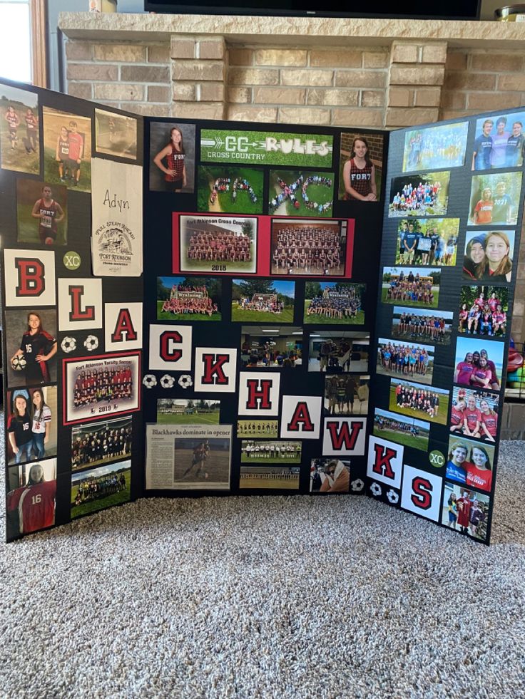 a group of pictures are placed on a bulletin board in front of a fire place