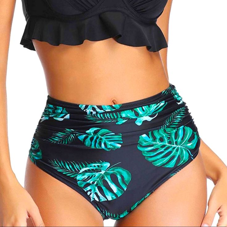 New Tempt Me | Tropical High Waist Bikini Bottom | Women's Size Large New, Never Worn! From A Pet & Smoke Free Home! Sw#63 Black Green, Womens Swim, High Waist, Swimming, Womens Sizes, Size Large, High Waisted, Pet, Full Service