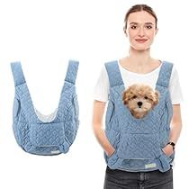 a woman wearing a blue quilted vest with a small dog in the back pocket