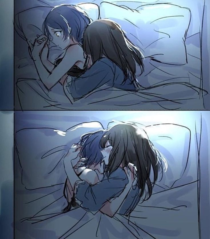 an anime scene with two people laying in bed, one kissing the other's head