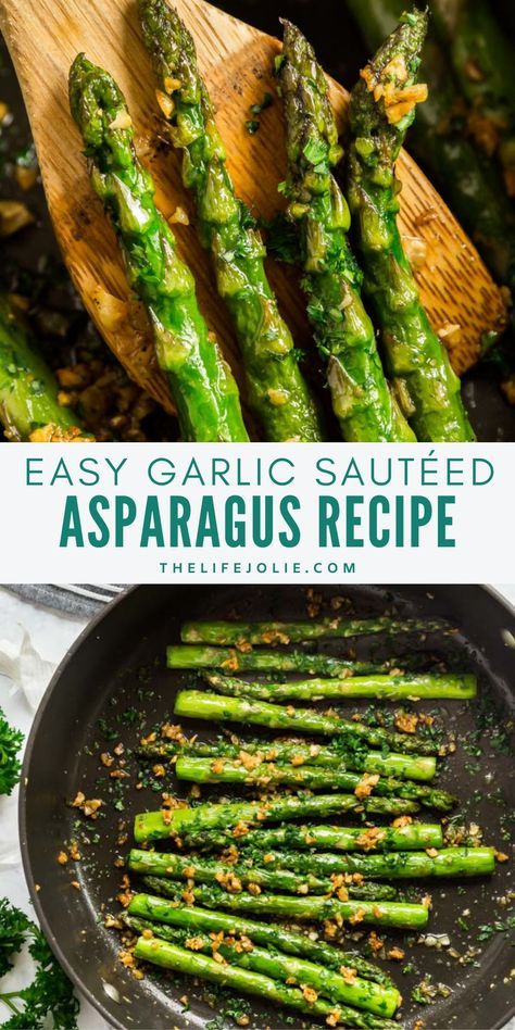 grilled asparagus in a pan with garlic and parsley