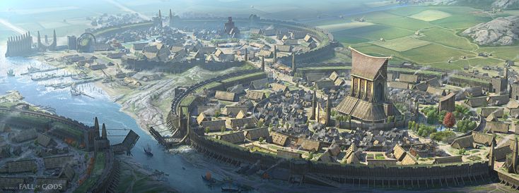 an artist's rendering of a medieval city in the middle of a river and town