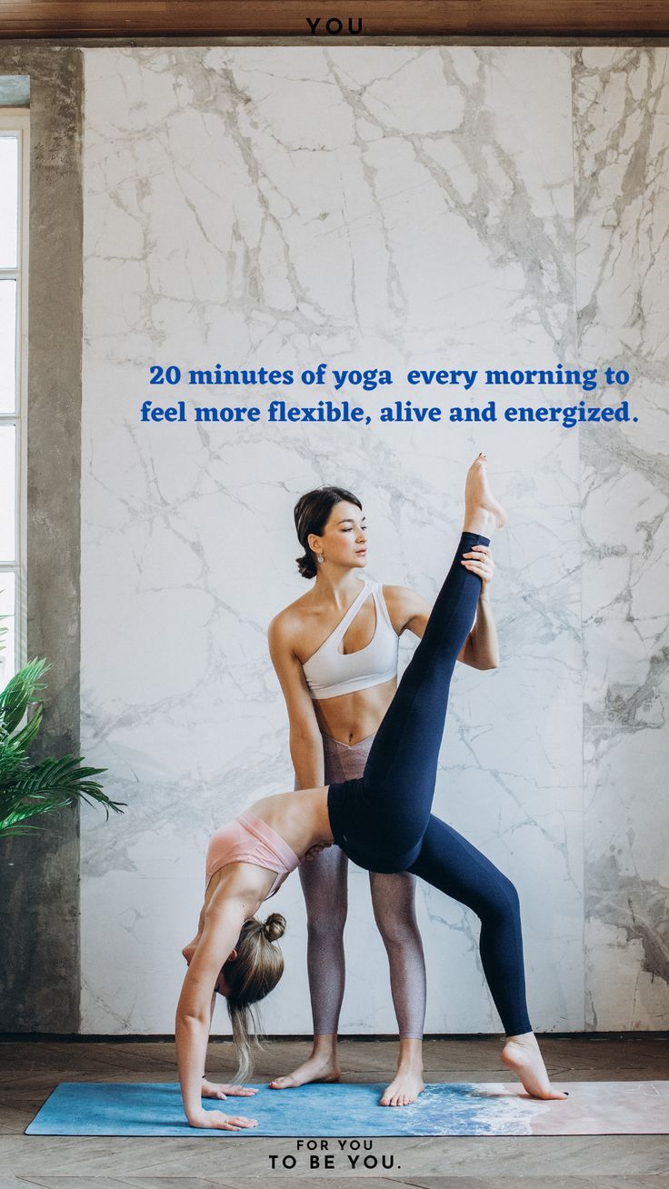 two women are doing yoga poses in front of a wall with a potted plant