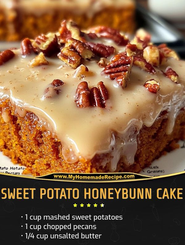 a close up of a piece of cake on a plate with the words sweet potato honey bunn cake