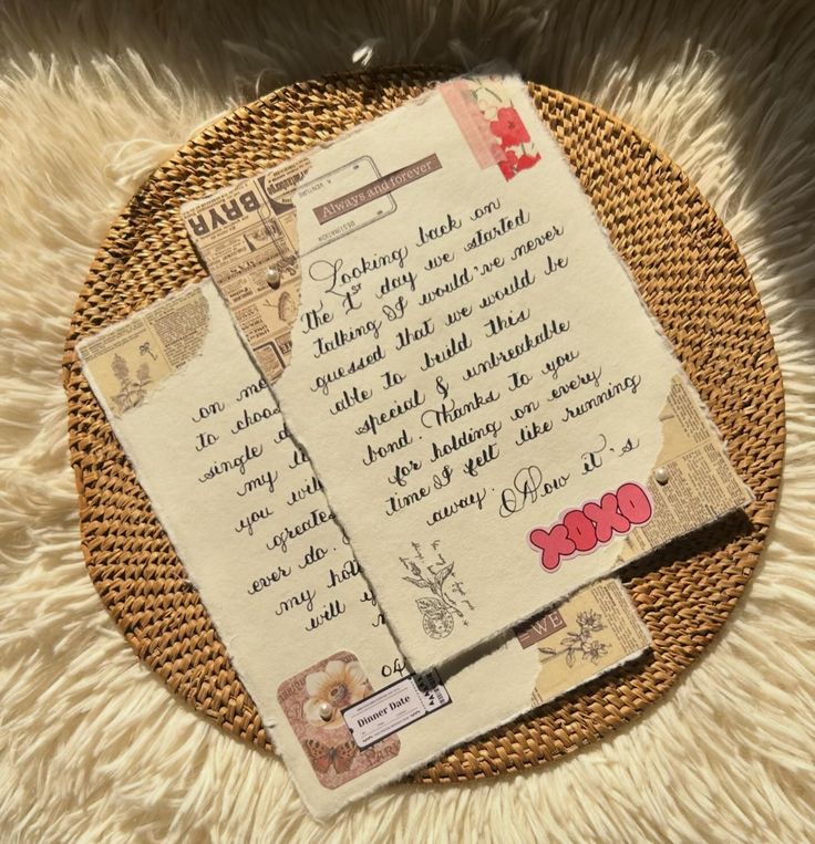 a piece of paper with writing on it sitting on top of a white fur rug